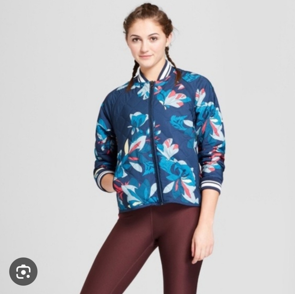 Joy Lab Navy Floral Satin Like Quilted Bomber Jacket Womens XXL Feminine Layer